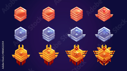 Game rank icons, bronze, silver and gold badges