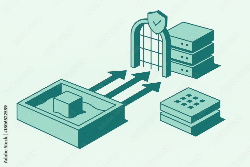 Naklejka premium Abstract representation of cybersecurity framework featuring network servers and data streams emphasizing preventative security protocols and integrity measures within digital infrastructures