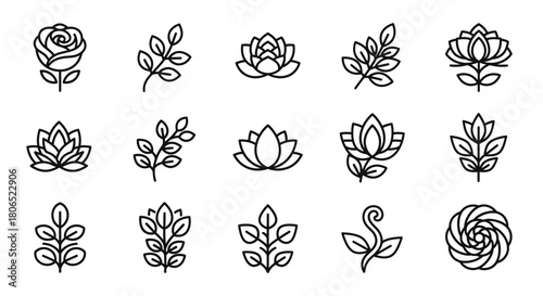 Elegant collection of minimalist floral icons showcasing botanical diversity and simple elegance