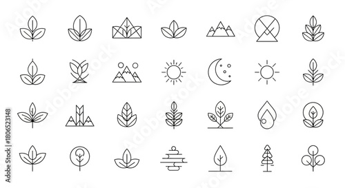 Collection of minimalist nature icons showcasing plants landscapes celestial bodies and abstract