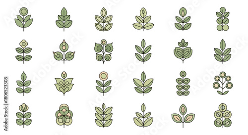 Botanical diversity illustration: Set of minimalist leaf icons in soft green shades against a