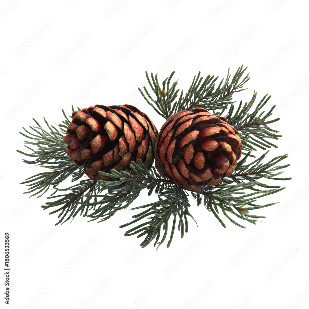 Fototapeta premium Pinecones and green fir branches for Christmas decoration isolated