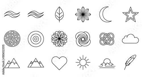 Collection of minimalistic line art icons featuring nature and celestial elements for design and