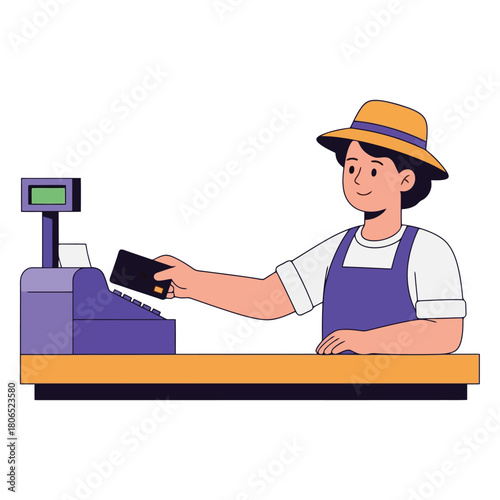 Friendly clerk accepting credit card at checkout counter with a smile
