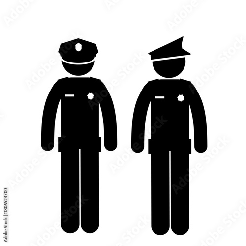 Stick figure policeman holding position outside.