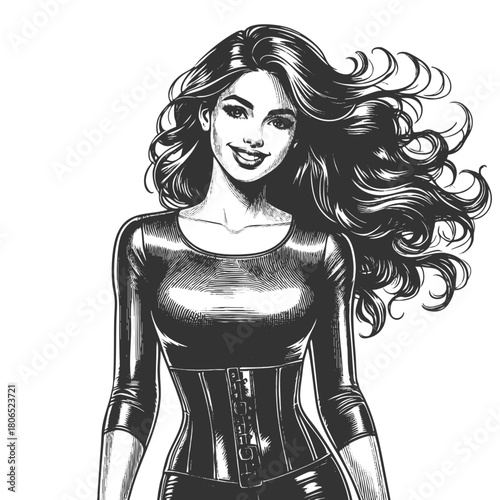 woman with wavy hair and zipped leather outfit sketch engraving generative ai fictional character vector illustration. Scratch board imitation. Black and white image.