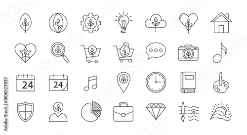 Collection of ecological and environmentally conscious line art icons with clean design