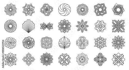 Assorted geometric mandala set of different shapes and decorative ornaments isolated design