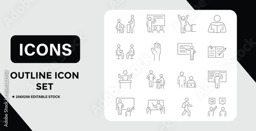 Outline Icon Set Depicting Education Business Meetings and General Human Interaction
