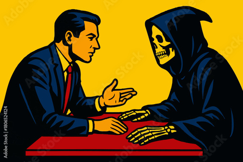 businessman sitting across from the Grim Reaper at a table, symbolizing mortality, tough decisions, and life-or-death negotiations. Generative ai vector colorful pop art illustration.