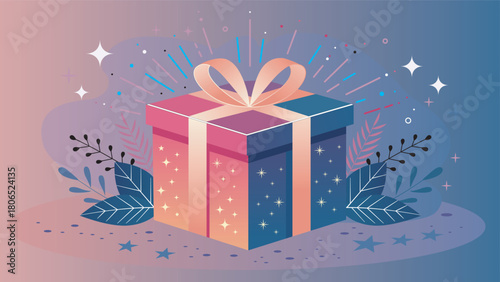 A beautifully decorated gift box with a bright ribbon and sparkling effects