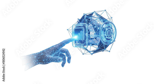 Hand is touching a blue object that has a lot of lines and dots on it. isolated illustration on  transparent background PNG