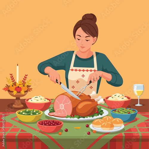 Woman carving delicious Thanksgiving turkey and ham dinner at home