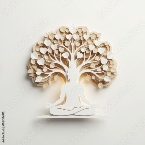 Elegant paper cut art of Buddha meditating under the sacred Bodhi Tree in white and gold.