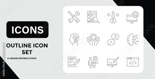 Collection of Outline Icons Representing Business Technology and Development Concepts