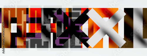 Abstract geometric composition. Rectangles overlap, creating complex visual texture. Warm colors dominate, with shades brown, orange, red.