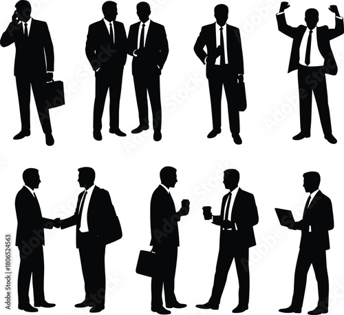 Set of businessman silhouettes in various poses, corporate professionals talking, shaking hands, and working, black and white illustration