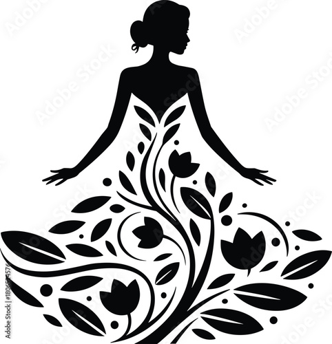 Elegant floral dress silhouette with feminine figure, botanical gown pattern, boutique branding vector, black and white fashion emblem for bridal, couture logo