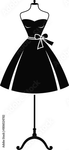 Elegant strapless dress on mannequin with bow belt, vintage boutique display, retro fashion silhouette, black and white apparel vector illustration, feminine style