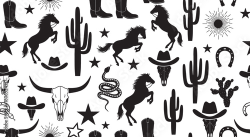 Western Pattern with Silhouettes of Horses Cacti Cowboy Hats and Skulls