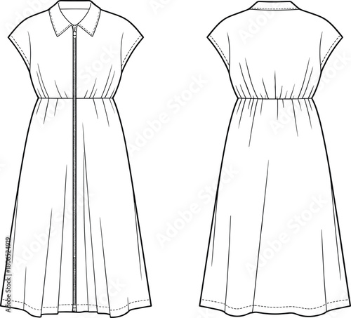 Front and back technical flat of women’s shirt dress with collar, cap sleeves, button placket, gathered waist, midi length, sewing pattern illustration