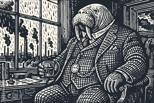 An anthropomorphic walrus gentleman in a suit holds a drink by a rainy window with a factory view. Vector art in a retro, woodcut engraving style.