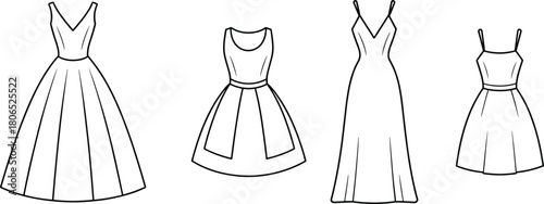 Minimalist dress collection technical flats, four women’s dresses front view, V‑neck, scoop neck, spaghetti straps, A‑line and fitted silhouettes, vector fashion outline