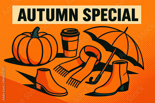- Autumn scene with pumpkin, boots, umbrella in orange vector decor