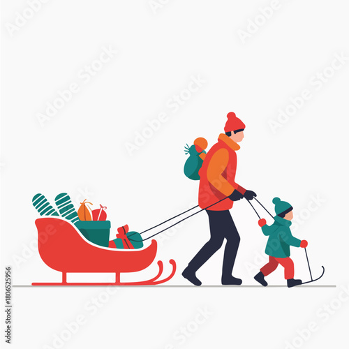 a family member pulling a sled with winter supplies or toys