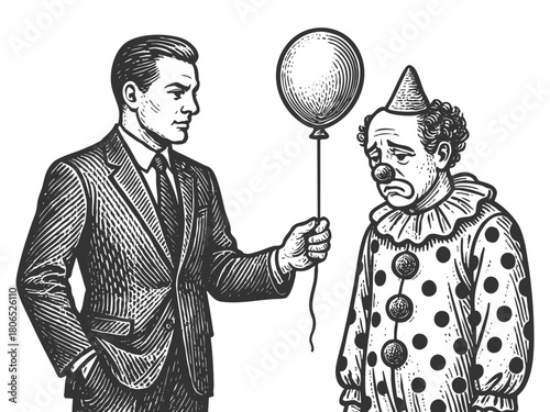 businessman handing a balloon to a depressed clown, empathy, contrast, and emotional support sketch engraving generative ai fictional character vector illustration. Scratch board. Black and white.