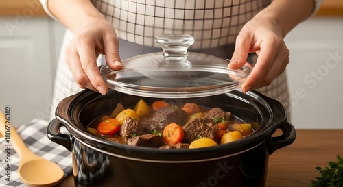 Homemade Slow Cooker Meal Tender Beef Stew with Vegetables Delicious and Comforting Dish in Crock Pot Steaming Hot and Ready to Serve in Kitchen Setting