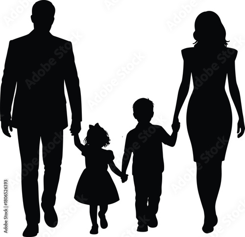 Silhouette of father mother son and daughter walking together, family love, unity, parenting, togetherness, bonding, care, happiness, relationship
