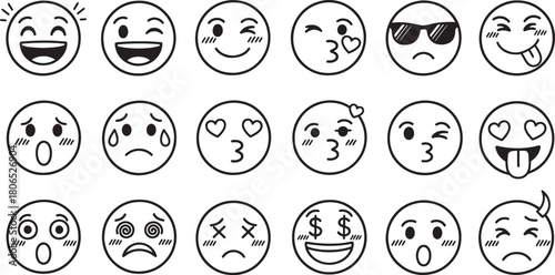 Collection of Cartoon Emoticons with Various Facial Expressions and Emotions Doodle Style