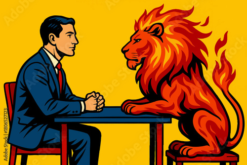 businessman sitting across a blazing red lion at a table, symbolizing courage, power, or facing fear. Generative ai vector colorful pop art illustration.