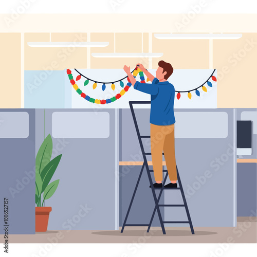 Office worker decorates cubicles with festive holiday lights on ladder