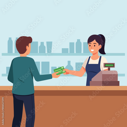 Convenient payment at counter with cashier and customer holding money