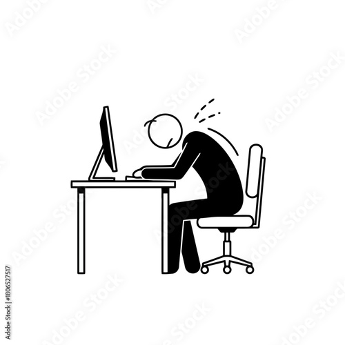 Stick figure illustration of a person sitting at a desk with bad posture isolated on due to long hours