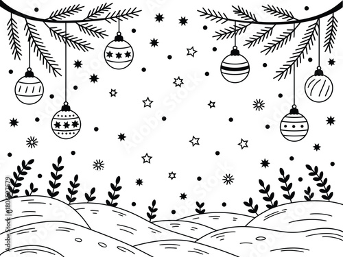 Whimsical winter scene with festive ornaments hanging from evergreen branches and snowy hills below.