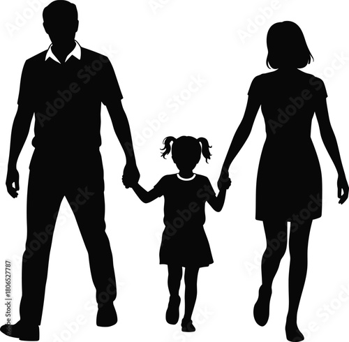 Silhouette of happy family walking together, father mother and daughter holding hands, family love, parenting, unity, happiness, togetherness, bonding