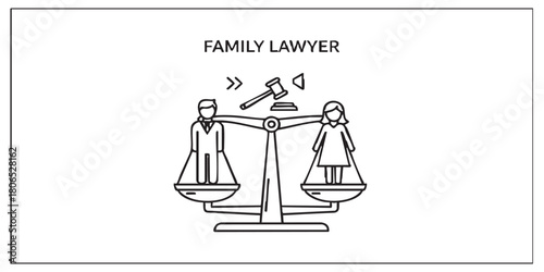 Man and woman on scales thin line icon, family lawyer concept. Vector graphics. Married couple problem, human rights sign on white background, style mobile or design