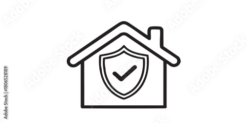 Home house with shield line icon,defense against viruses concept. Vector graphics. Checkmark emblem house sign on white background, outline style icon for mobile or web design