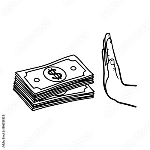 Illustration of a hand rejecting money, isolated on symbolizes anticorruption, ethics, and financial integrity
