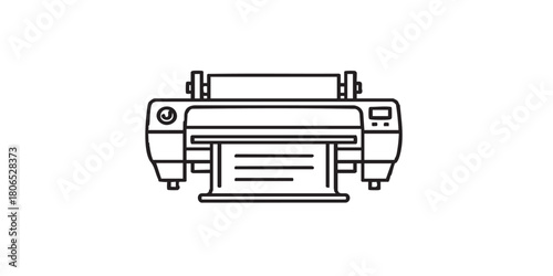 Inkjet plotter with paper thin line icon, architect studio concept. Vector graphics. Photo placard, banner, poster printer sign on white background, style mobile or design