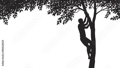 Silhouette of man climbing tall tree, adventure activity, outdoor exploration, black and white nature scene, extreme sport illustration design