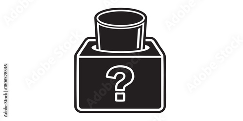 Product box with cylinder hat and question mark thin line icon, gaming theme concept. Vector graphics. Unknown prize, package sign on white background, style icon mobile or web desig