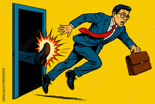 businessman being kicked out through a door, symbolizing job loss, failure, or rejection. Generative ai vector colorful pop art illustration.