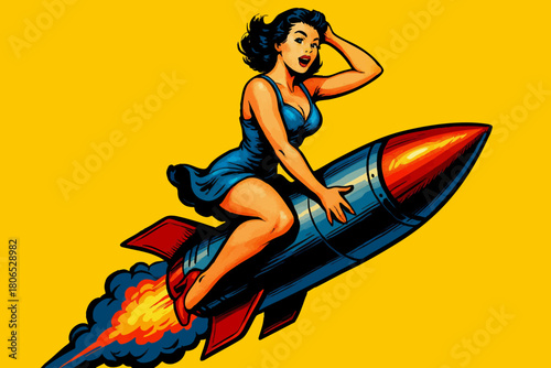 pin-up woman riding a flying rocket, symbolizing speed, power, and vintage charm. Generative ai vector colorful pop art illustration.