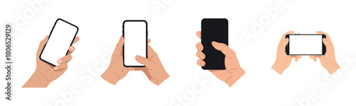 Set of human hands holding and interacting with smartphones in various positions. Flat cartoon illustration isolated on white background. Technology and communication concept