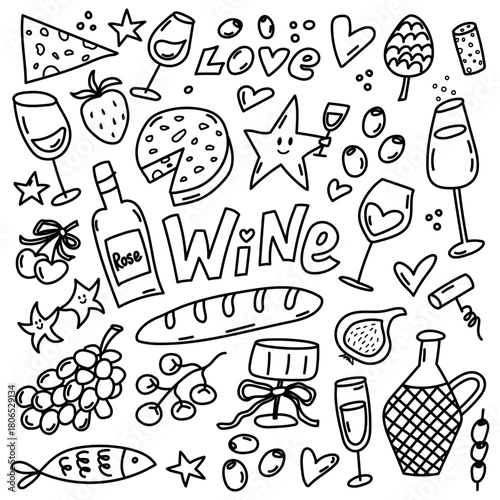 Wine tasting and snacks doodle food illustration collection