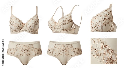 Elegant floral lingerie set isolated on white background